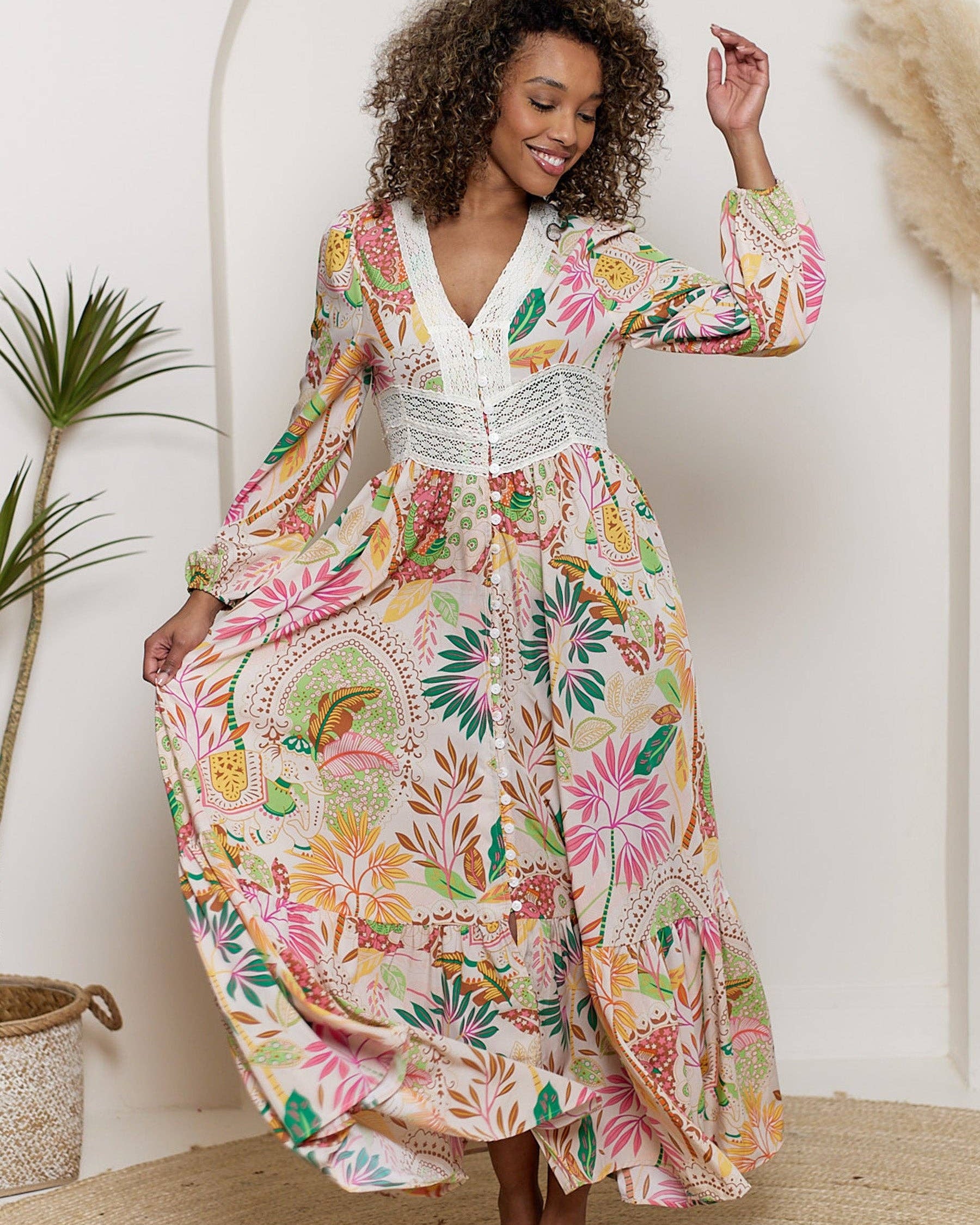 Lana Pink Floral Print Long Sleeve Maxi Dress