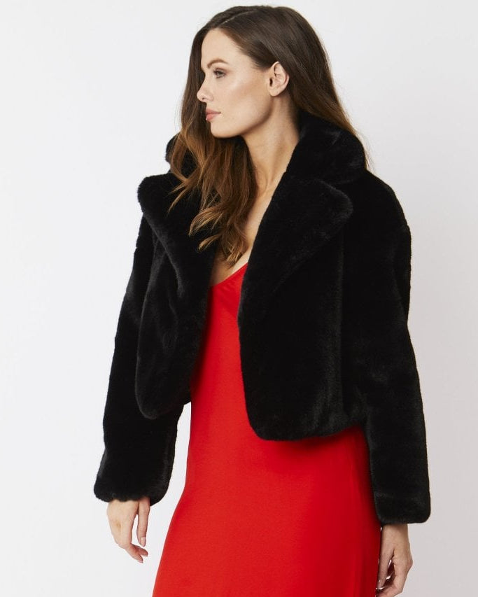 Black Faux Fur Cropped Coat - by Jayley