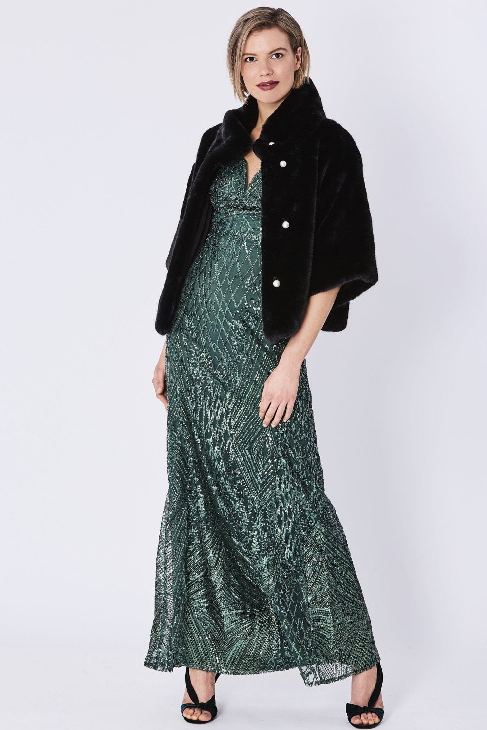 Emma Black Faux Fur Jacket With Pearls - by Jayley