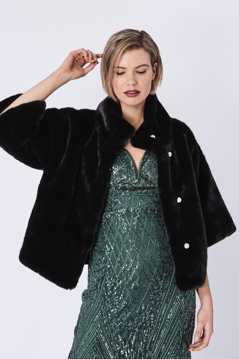 Emma Black Faux Fur Jacket With Pearls - by Jayley