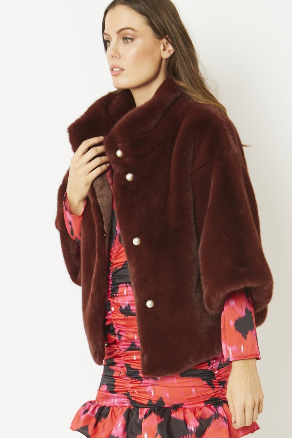 Leva Chestnut Faux Fur Jacket With Pearls - by Jayley