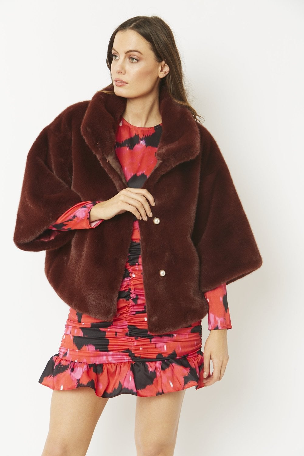 Leva Chestnut Faux Fur Jacket With Pearls - by Jayley