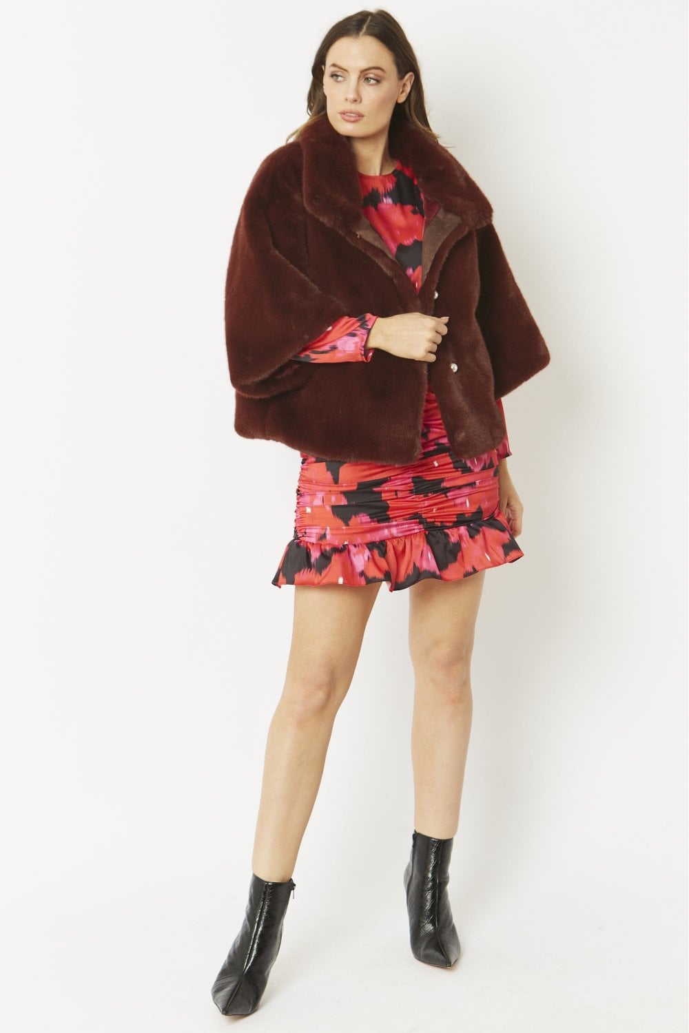 Leva Chestnut Faux Fur Jacket With Pearls - by Jayley