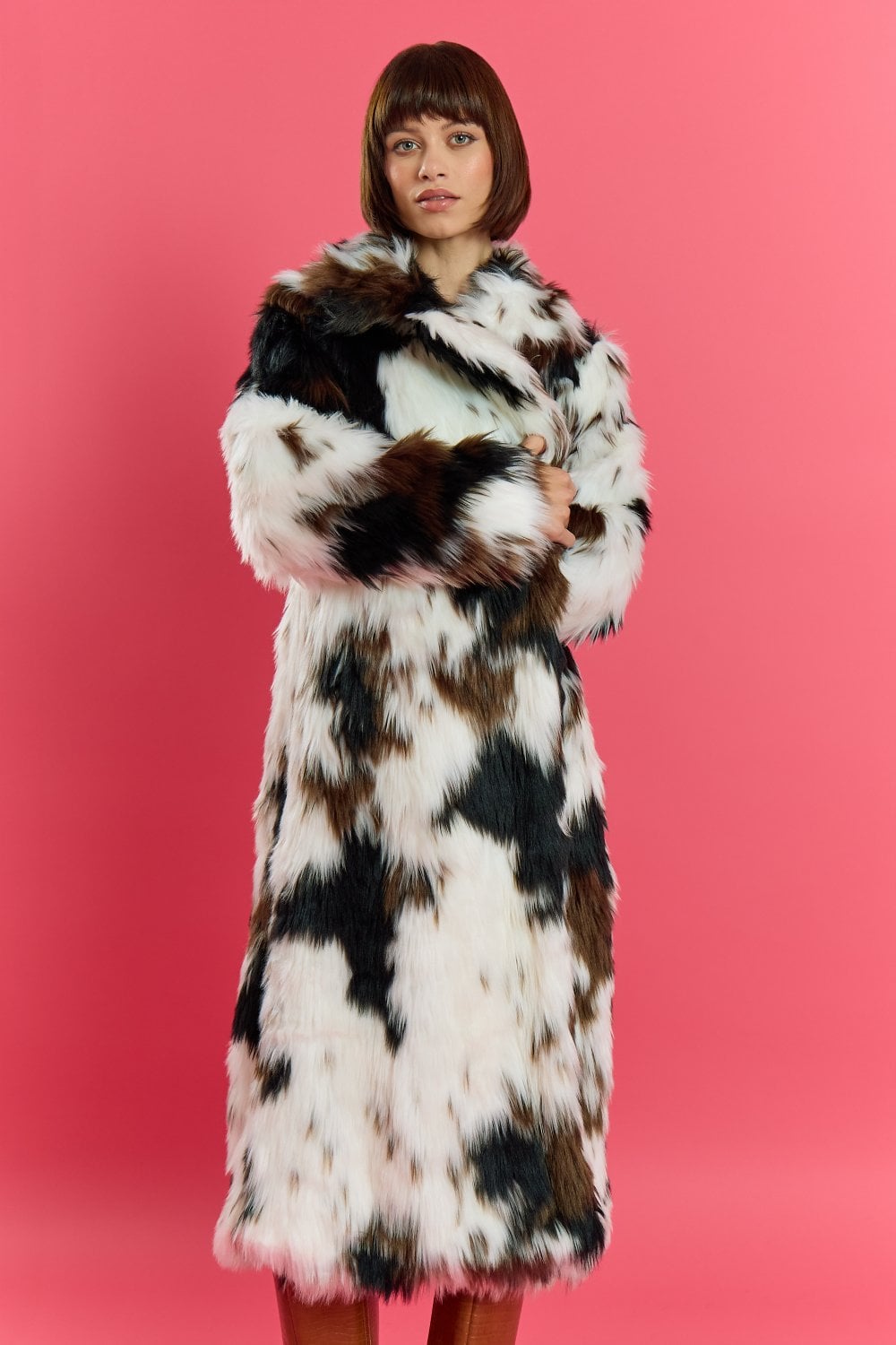 Cream and Brown Bamboo Lyocell Blend Hand Painted Faux Fur Coat - by Jayley