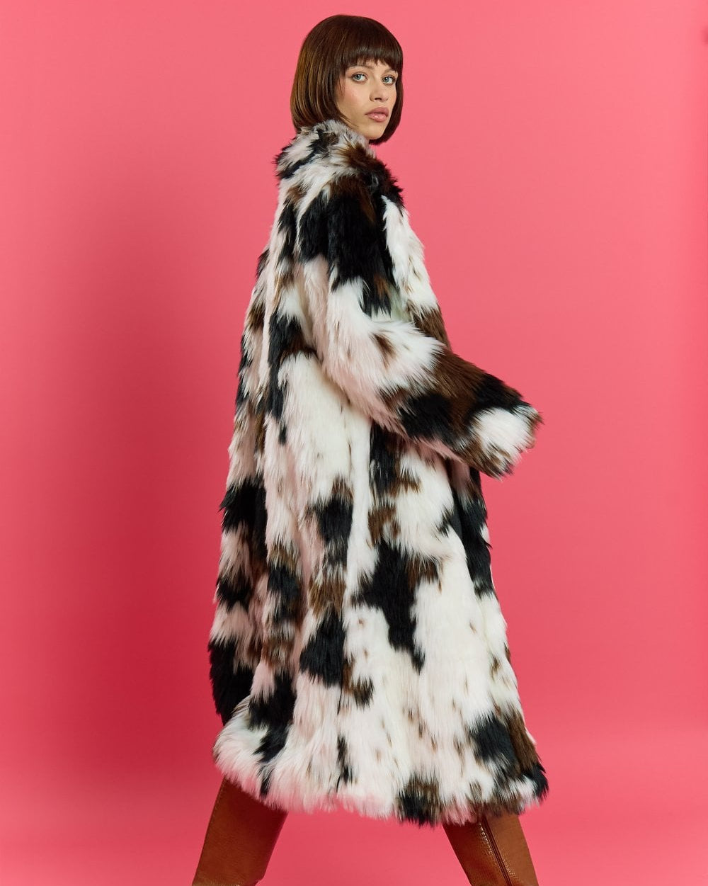 Cream and Brown Bamboo Lyocell Blend Hand Painted Faux Fur Coat - by Jayley