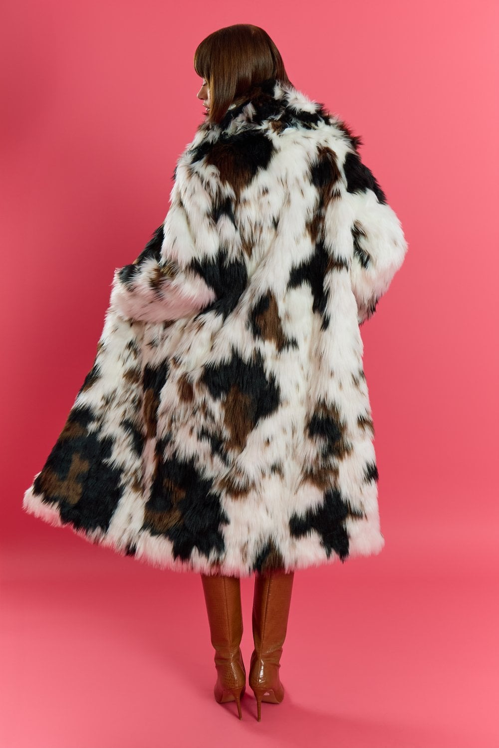 Cream and Brown Bamboo Lyocell Blend Hand Painted Faux Fur Coat - by Jayley