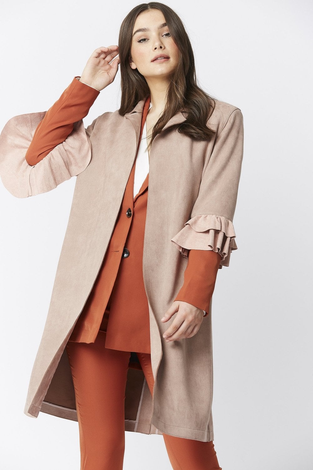 Frilled Sleeve Faux Suede Jacket - Mocha