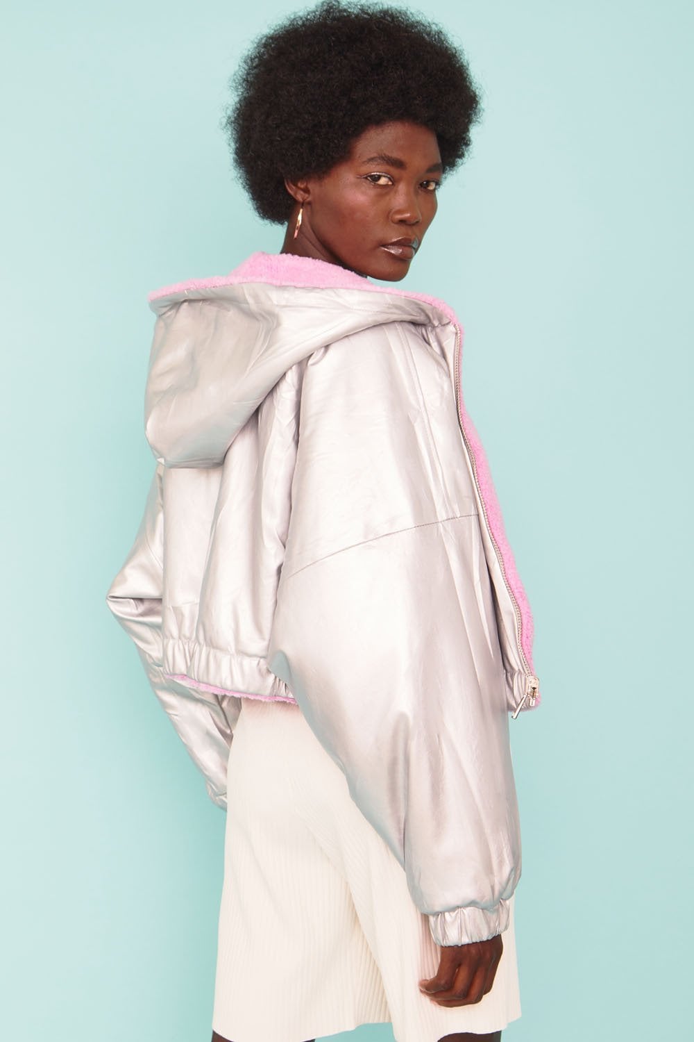 Metallic Faux Shearling Reversible Hooded Jacket